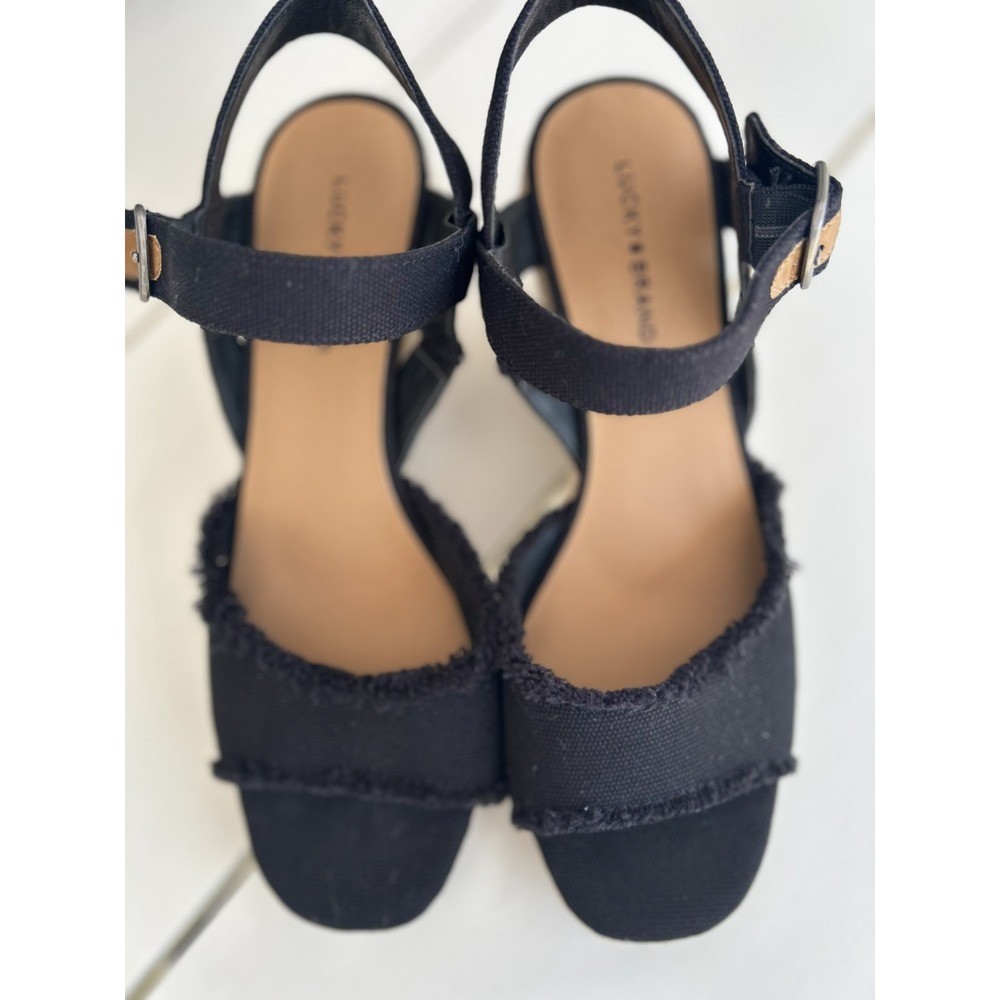 Lucky Brand Black Canvas Mindra Espadrille Wedge Sandals Ankle Strap Boho US8.5